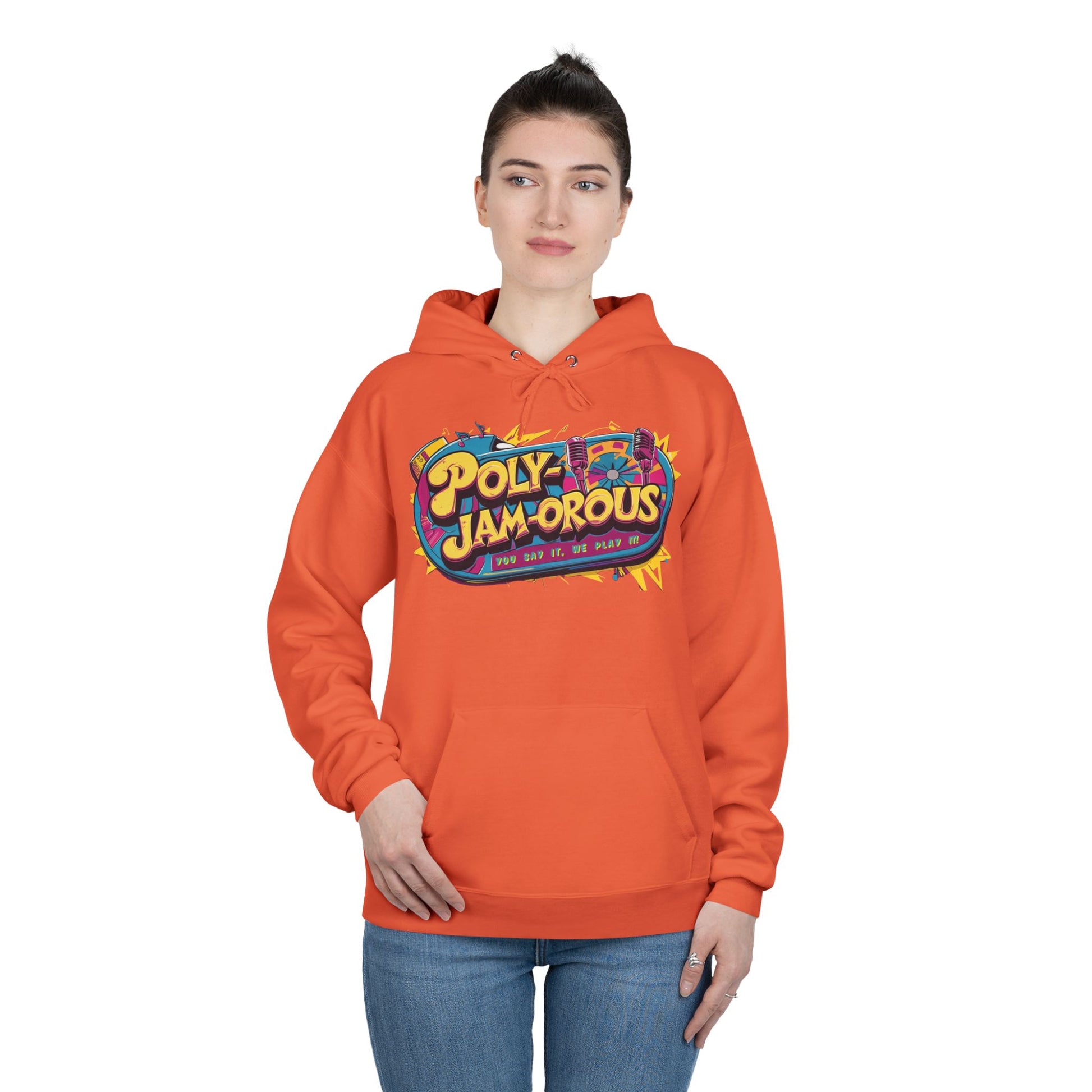 Colorful PolyJAMorous Jukebox Hoodie | Unique Graphic Pullover Sweatshirt for Music Lovers