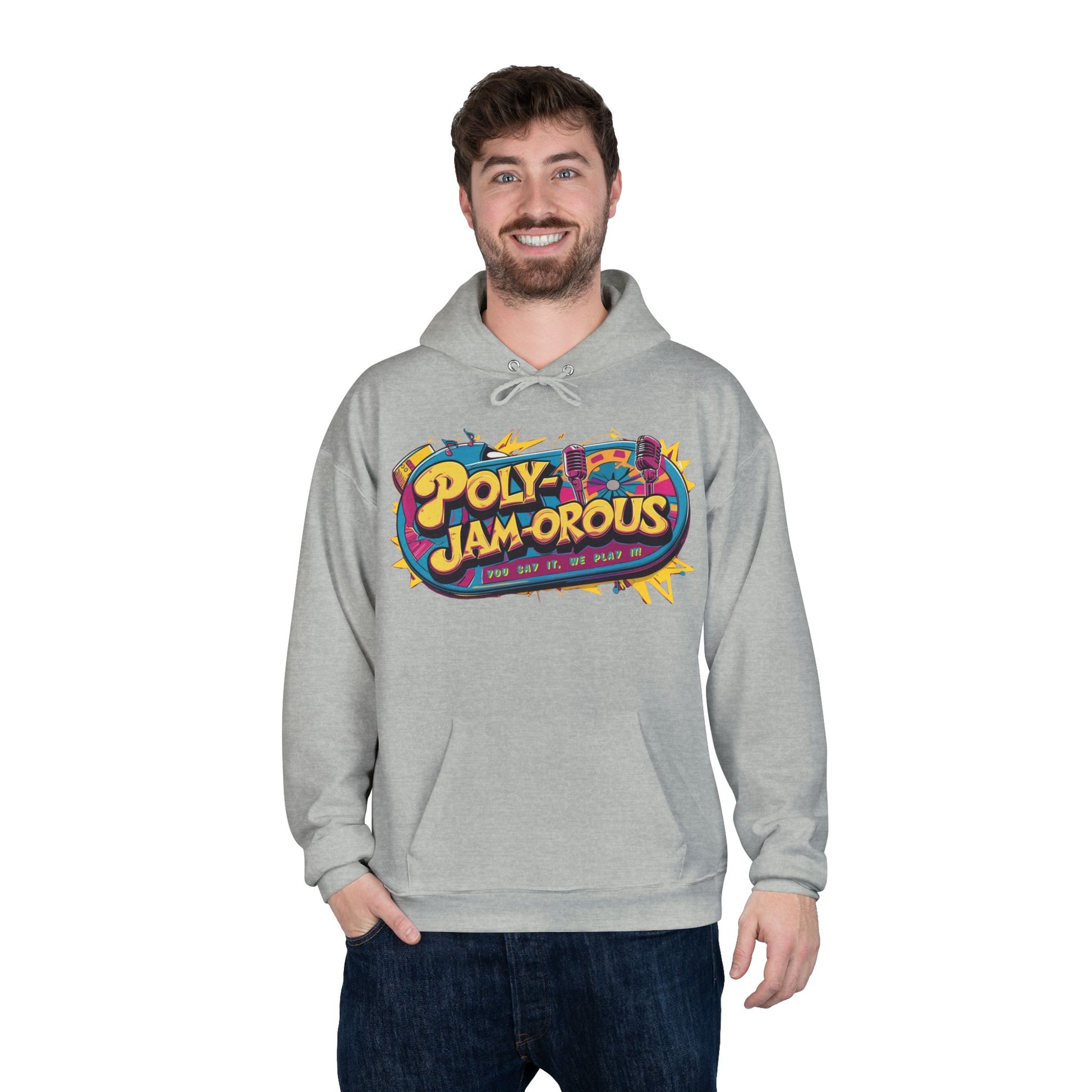 Colorful PolyJAMorous Jukebox Hoodie | Unique Graphic Pullover Sweatshirt for Music Lovers