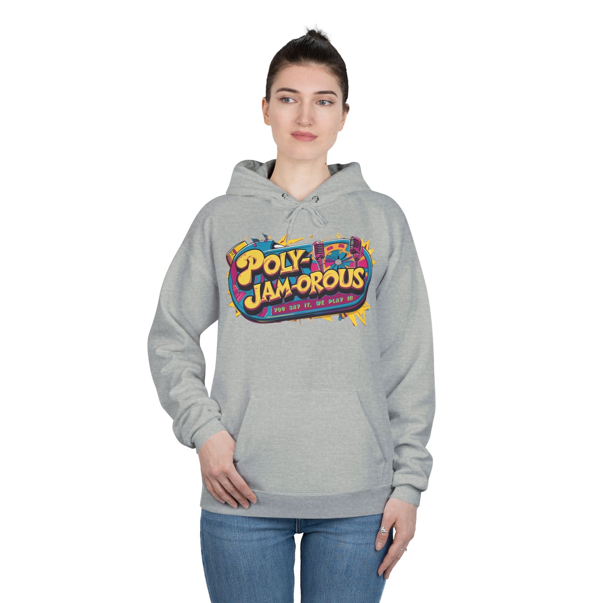 Colorful PolyJAMorous Jukebox Hoodie | Unique Graphic Pullover Sweatshirt for Music Lovers