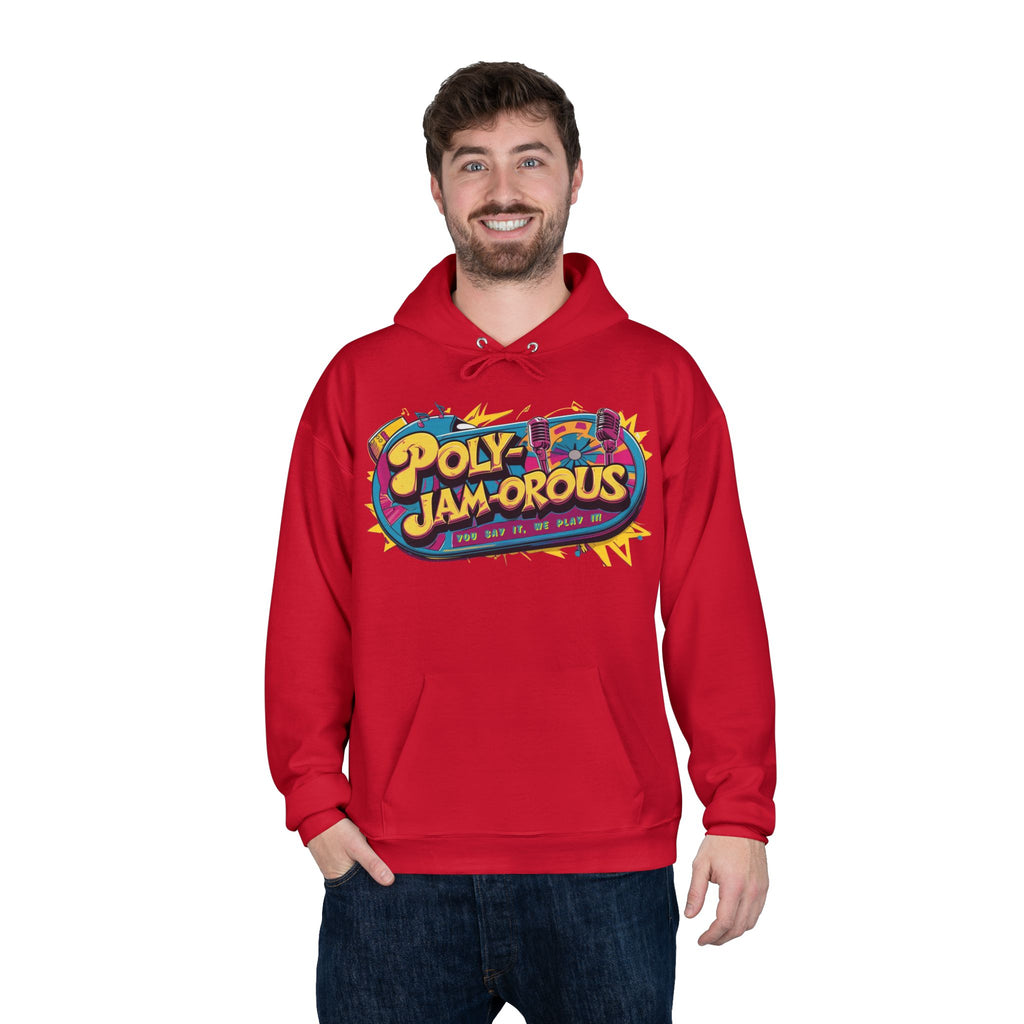 Colorful PolyJAMorous Jukebox Hoodie | Unique Graphic Pullover Sweatshirt for Music Lovers