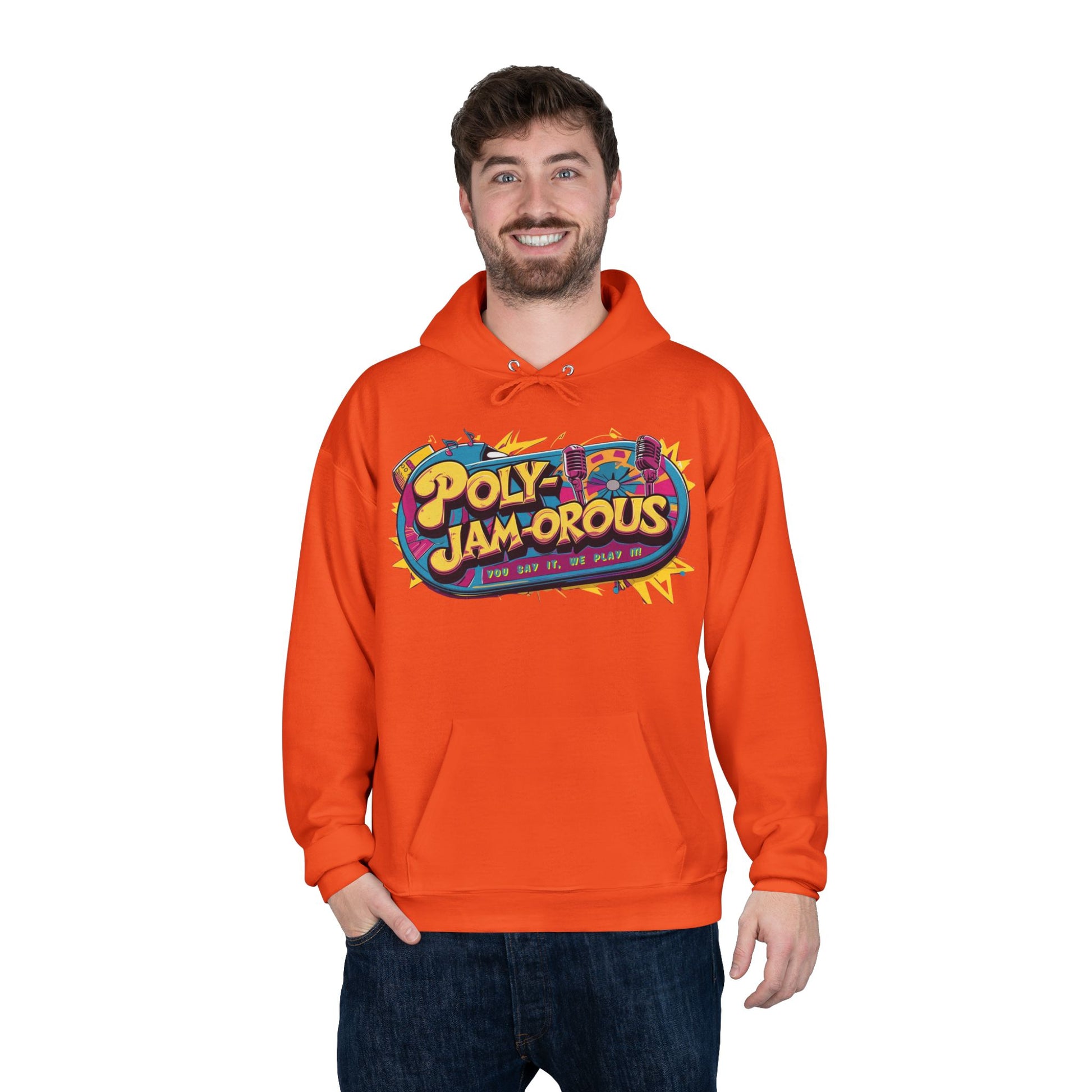 Colorful PolyJAMorous Jukebox Hoodie | Unique Graphic Pullover Sweatshirt for Music Lovers