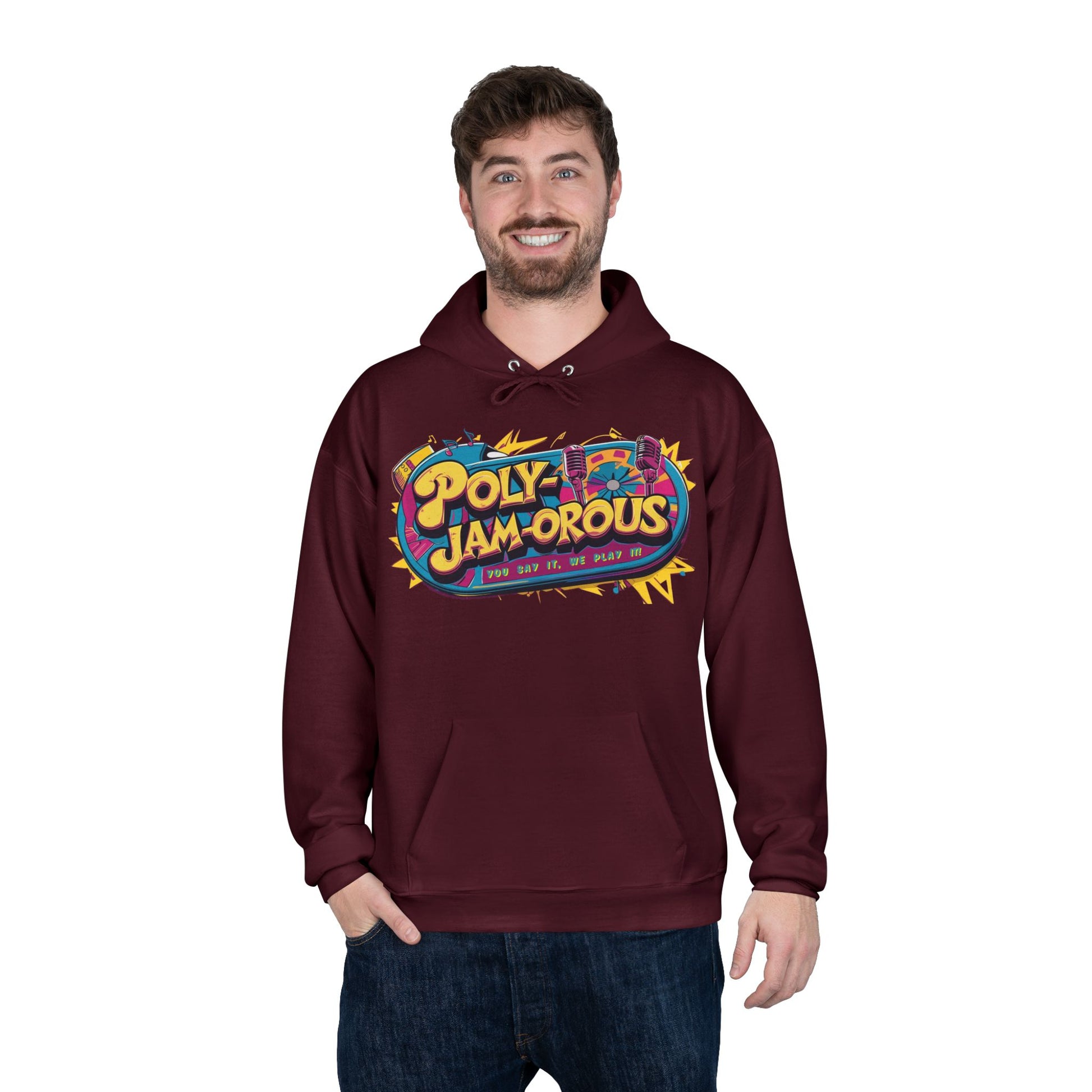 Colorful PolyJAMorous Jukebox Hoodie | Unique Graphic Pullover Sweatshirt for Music Lovers