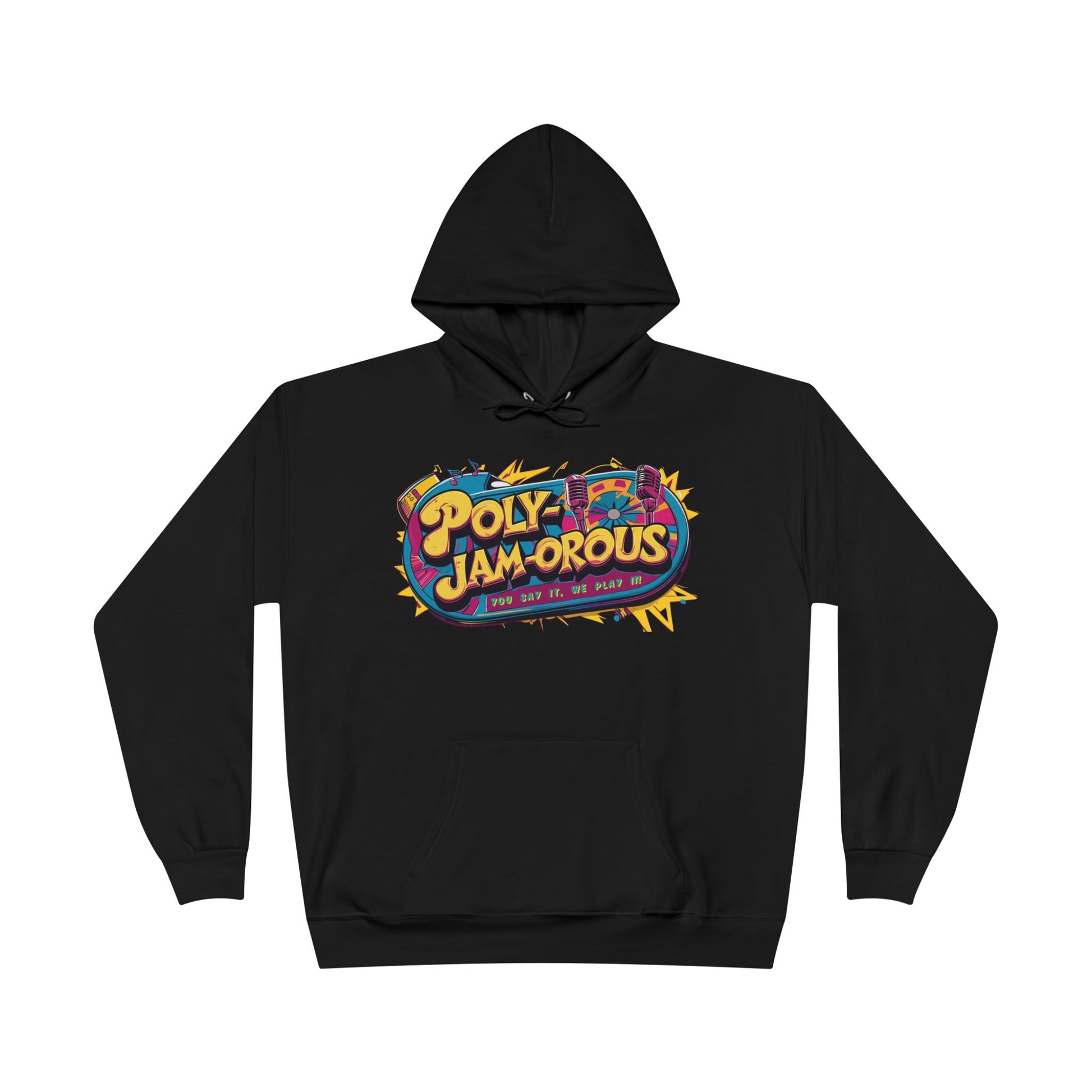 Colorful PolyJAMorous Jukebox Hoodie | Unique Graphic Pullover Sweatshirt for Music Lovers