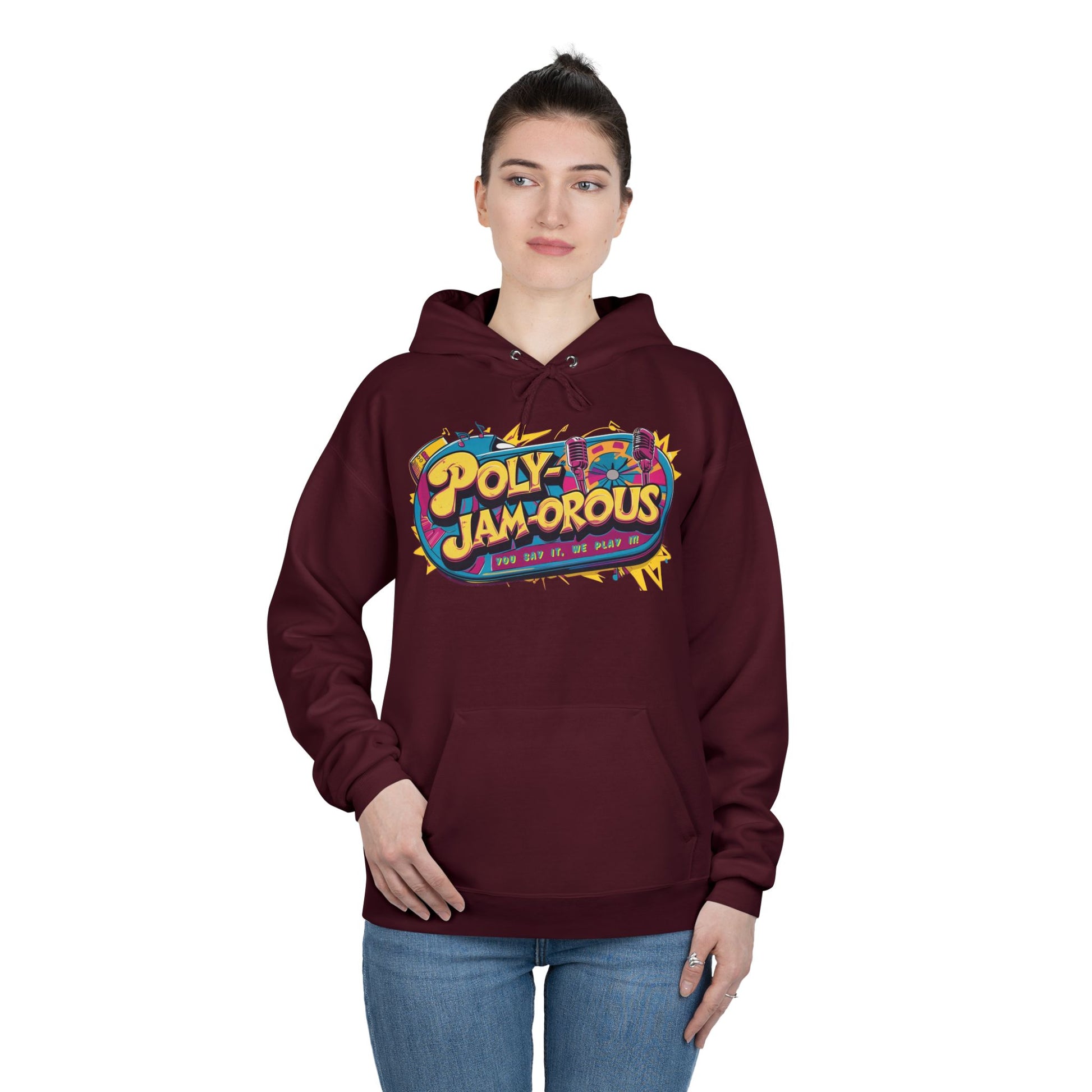 Colorful PolyJAMorous Jukebox Hoodie | Unique Graphic Pullover Sweatshirt for Music Lovers