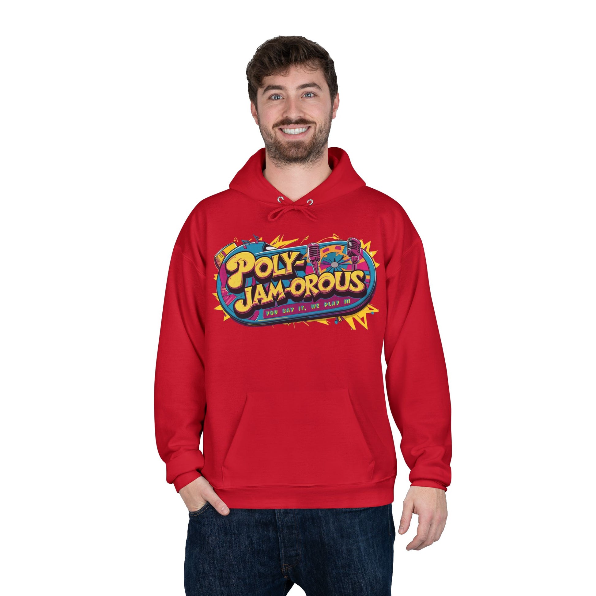 Colorful PolyJAMorous Jukebox Hoodie | Unique Graphic Pullover Sweatshirt for Music Lovers