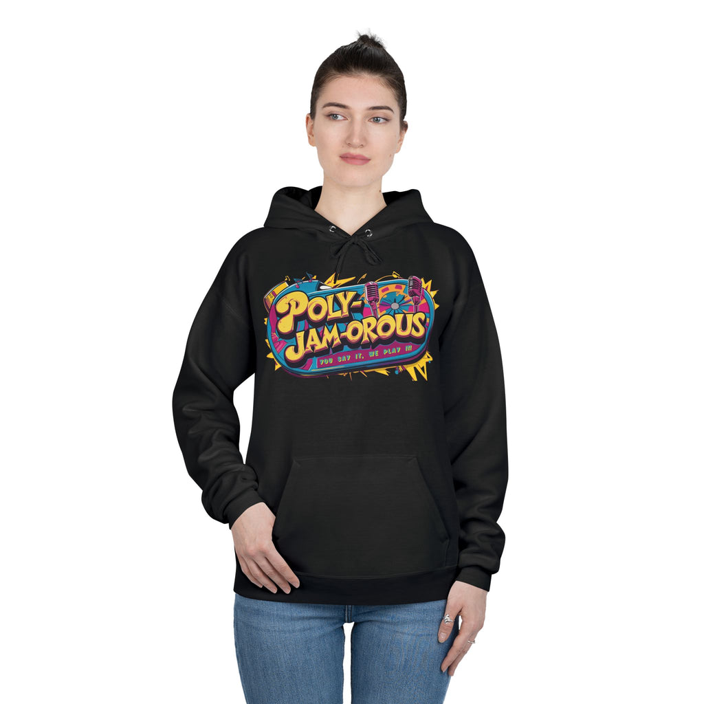 Colorful PolyJAMorous Jukebox Hoodie | Unique Graphic Pullover Sweatshirt for Music Lovers