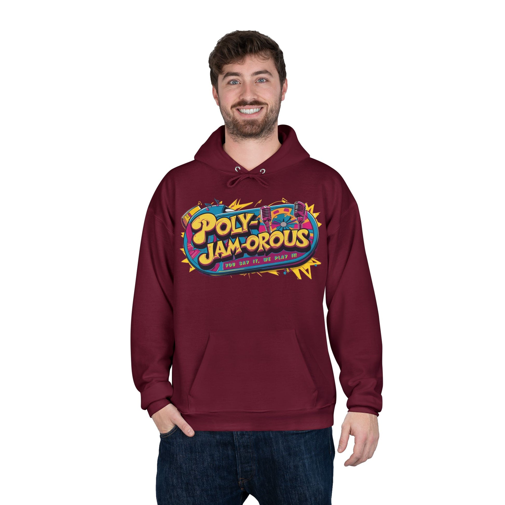 Colorful PolyJAMorous Jukebox Hoodie | Unique Graphic Pullover Sweatshirt for Music Lovers