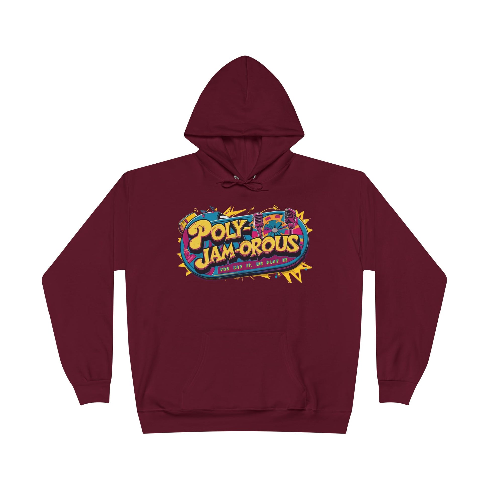 Colorful PolyJAMorous Jukebox Hoodie | Unique Graphic Pullover Sweatshirt for Music Lovers