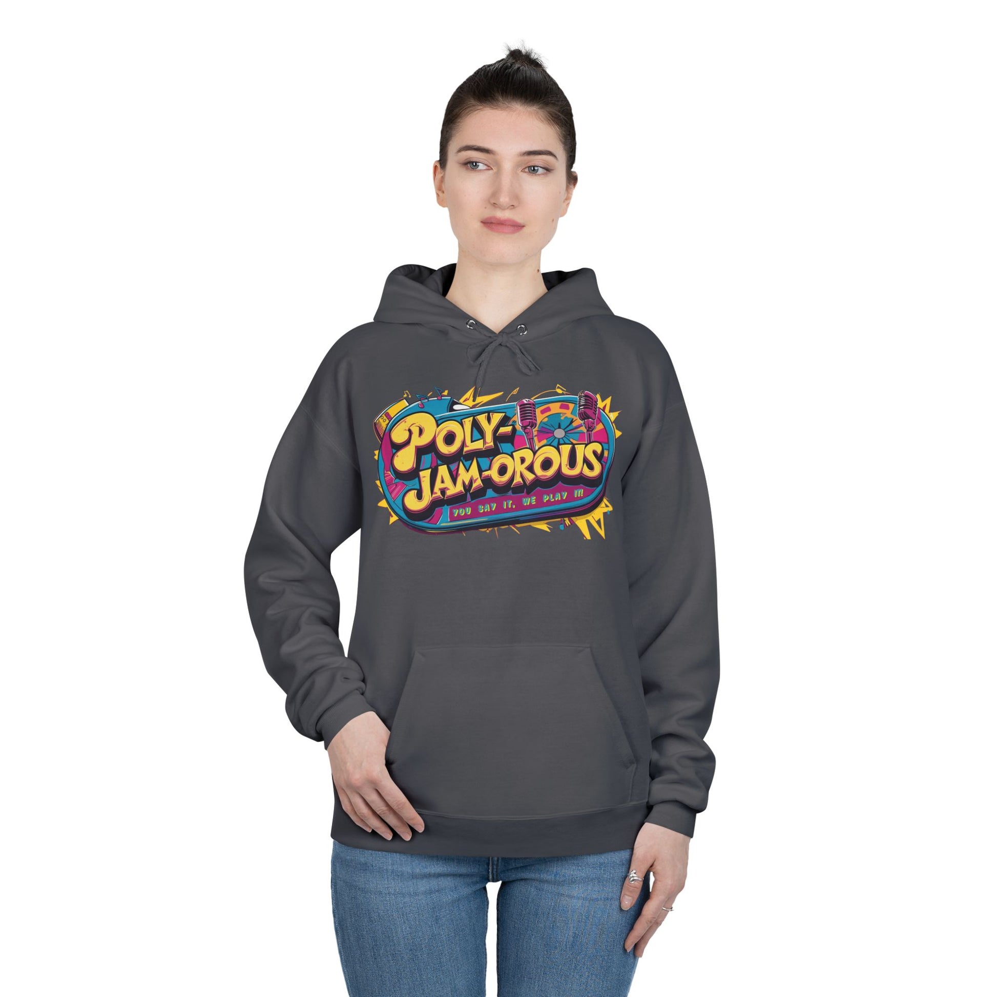 Colorful PolyJAMorous Jukebox Hoodie | Unique Graphic Pullover Sweatshirt for Music Lovers