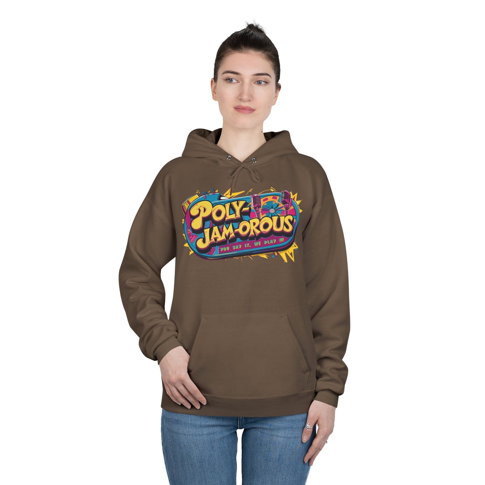 Colorful PolyJAMorous Jukebox Hoodie | Unique Graphic Pullover Sweatshirt for Music Lovers