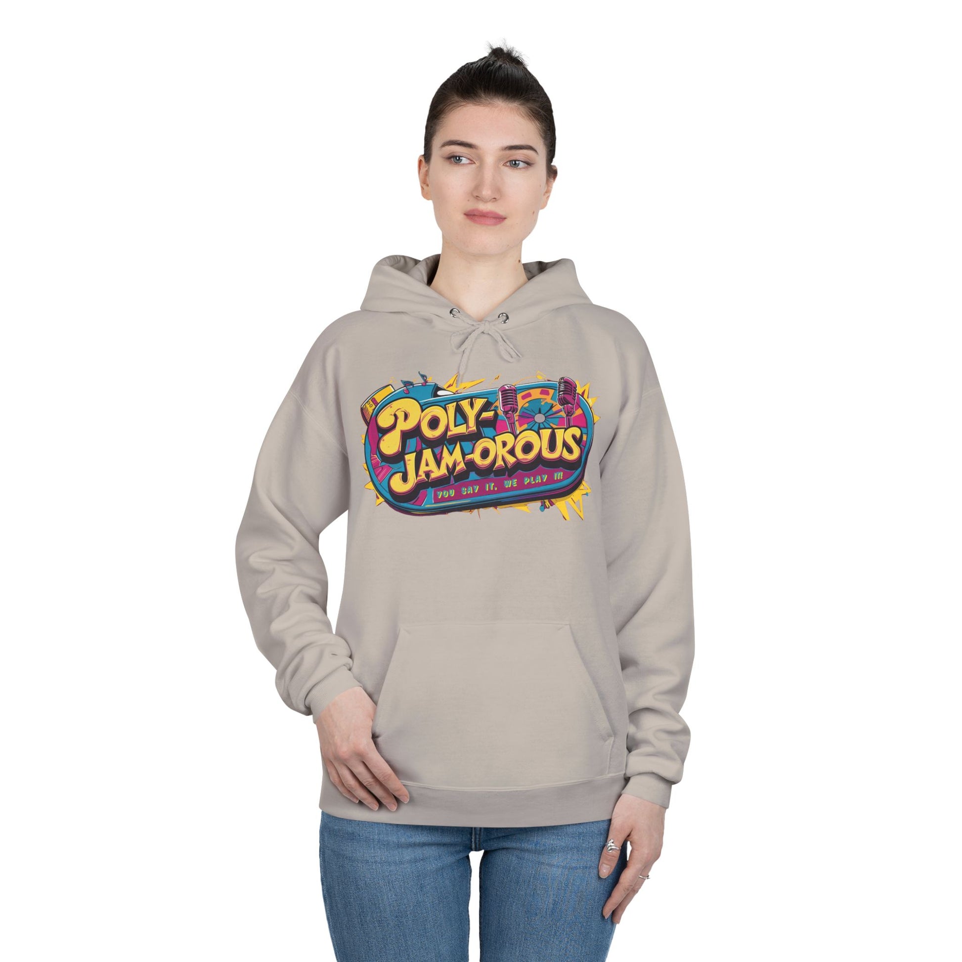 Colorful PolyJAMorous Jukebox Hoodie | Unique Graphic Pullover Sweatshirt for Music Lovers