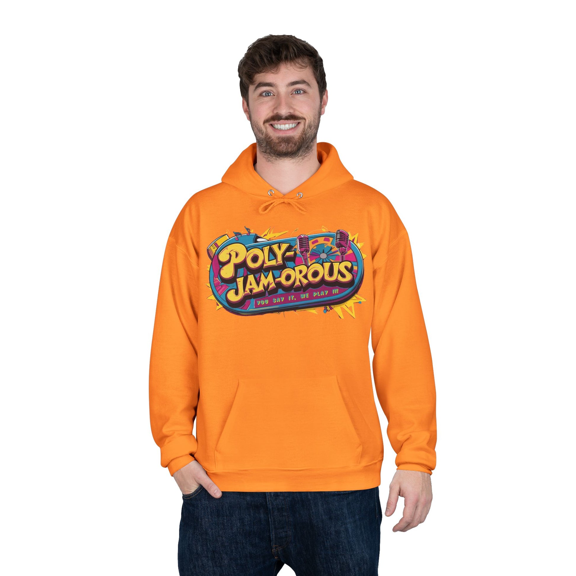 Colorful PolyJAMorous Jukebox Hoodie | Unique Graphic Pullover Sweatshirt for Music Lovers