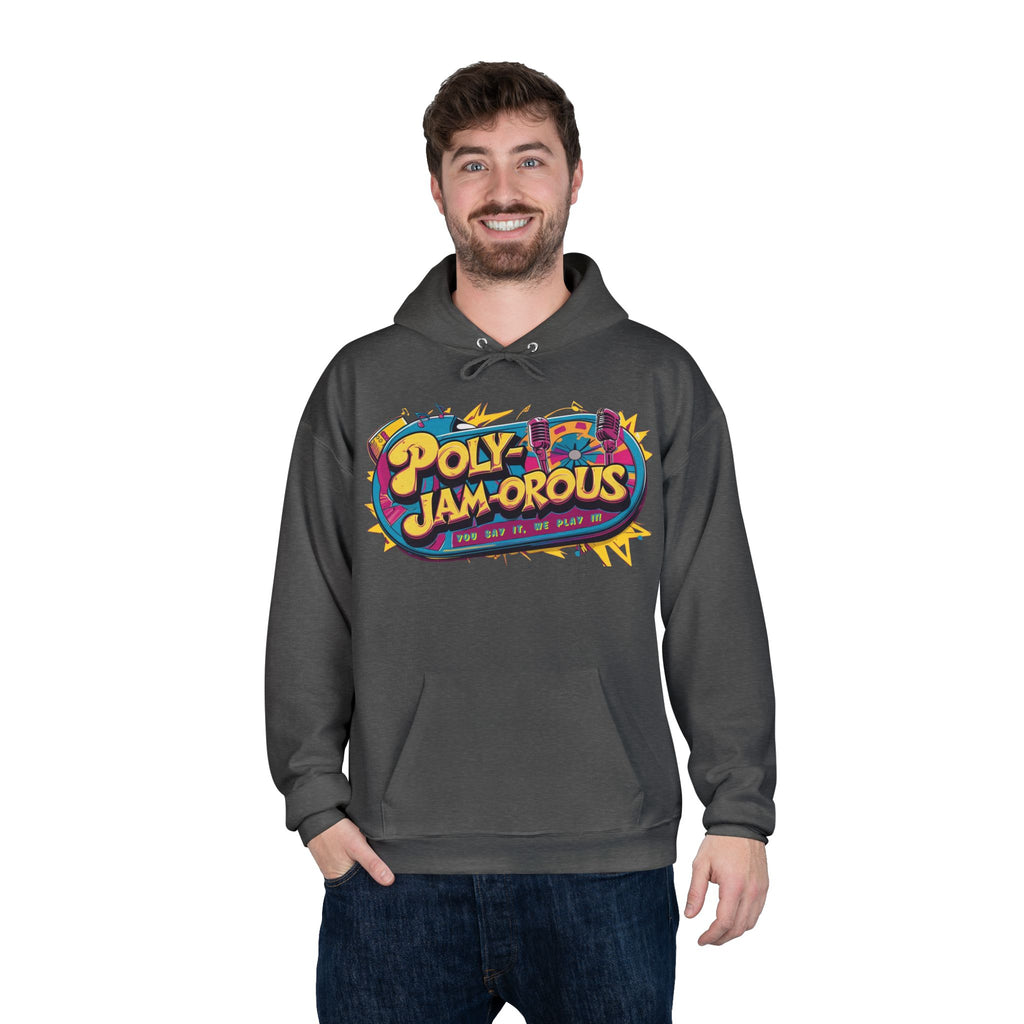 Colorful PolyJAMorous Jukebox Hoodie | Unique Graphic Pullover Sweatshirt for Music Lovers