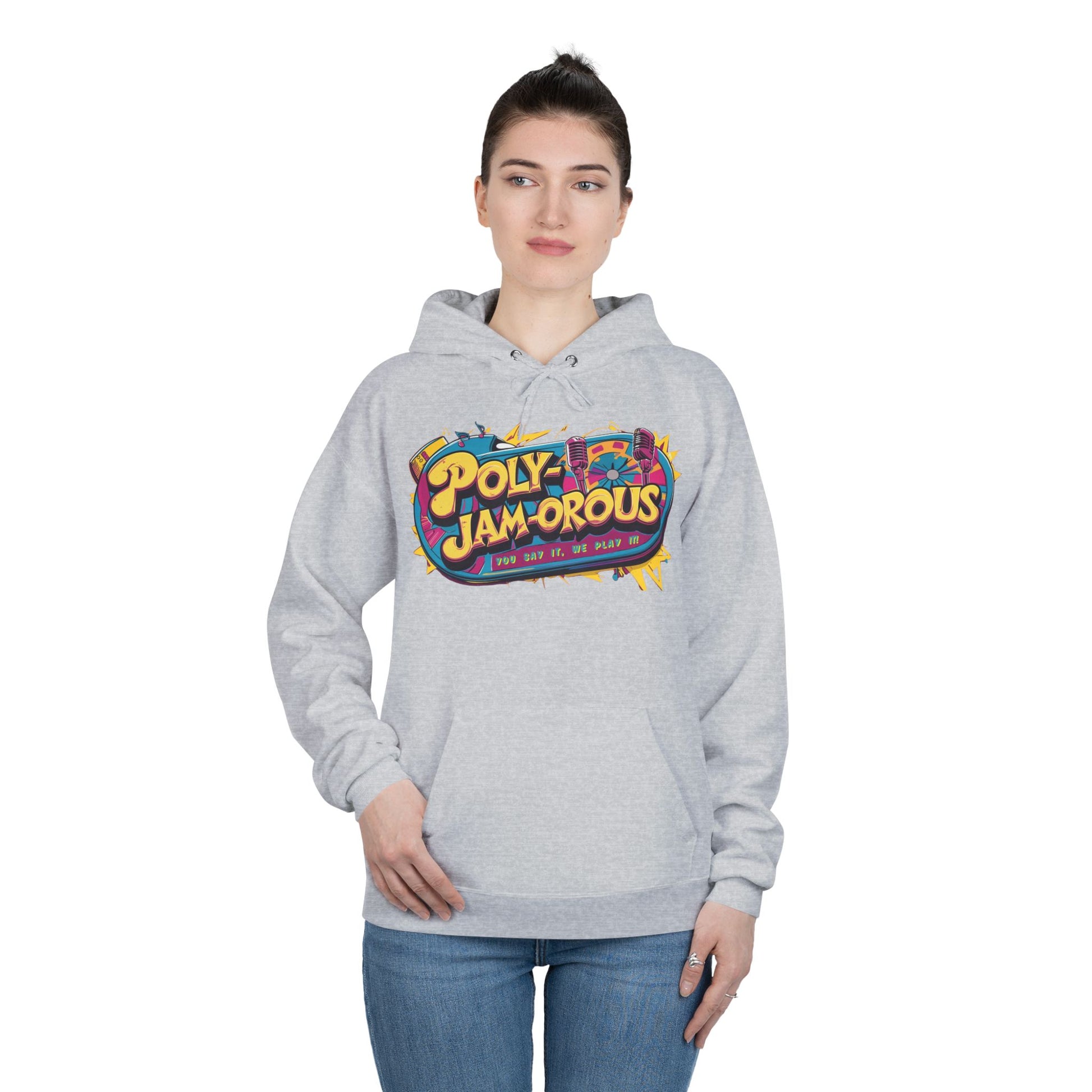 Colorful PolyJAMorous Jukebox Hoodie | Unique Graphic Pullover Sweatshirt for Music Lovers