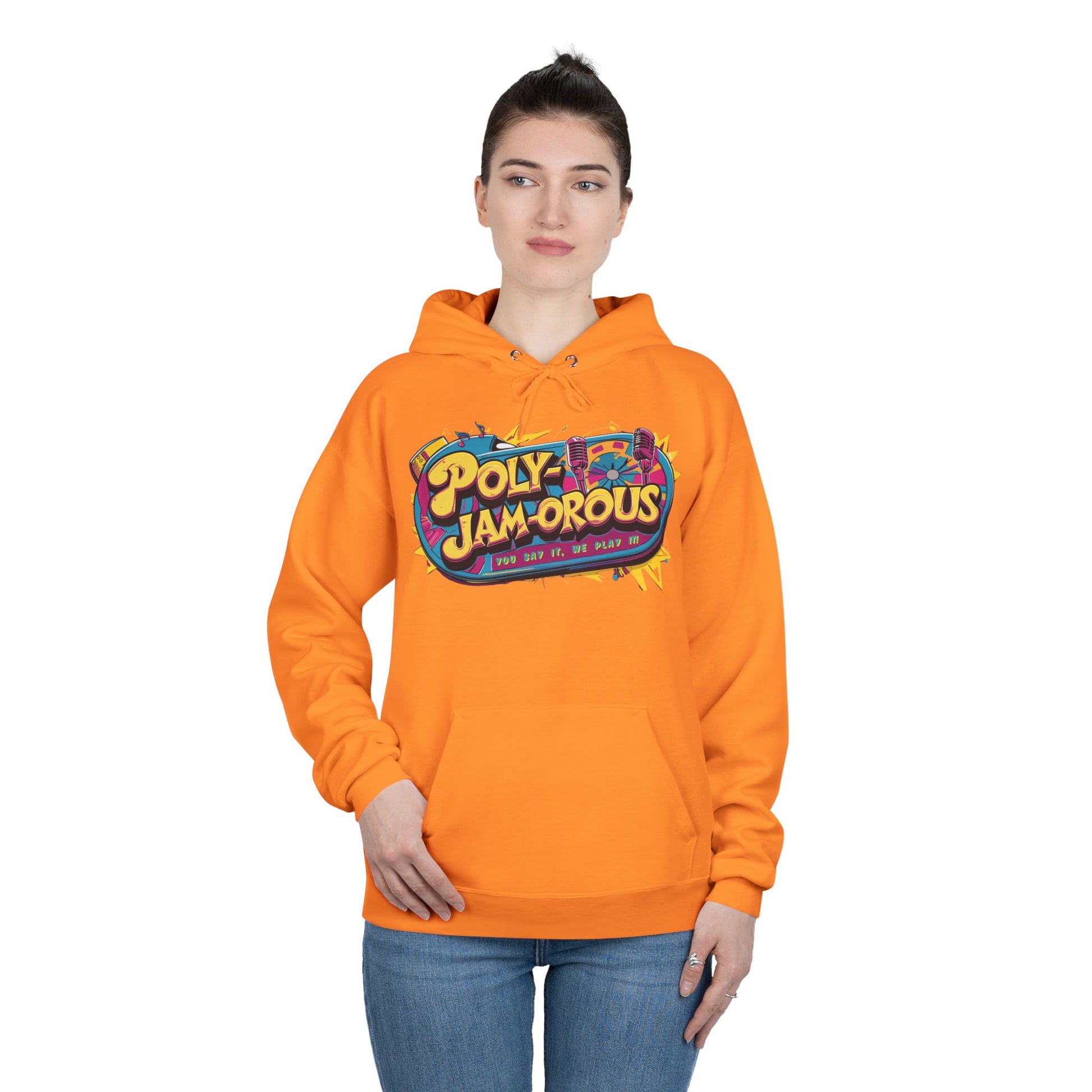 Colorful PolyJAMorous Jukebox Hoodie | Unique Graphic Pullover Sweatshirt for Music Lovers