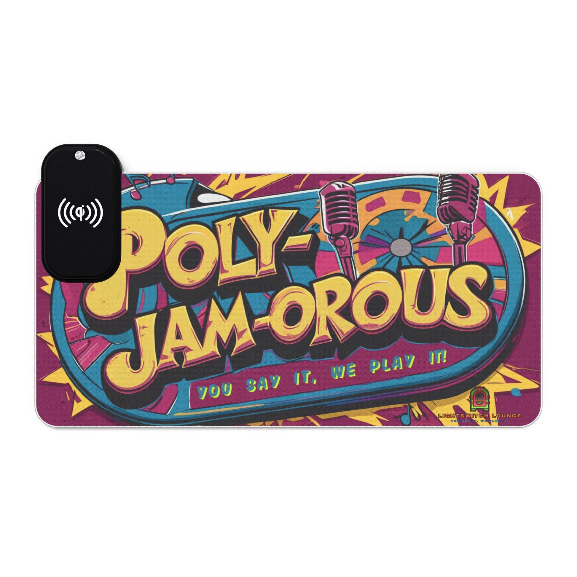 Desk Pad with Wireless Charging - PolyJAMorous Design, Gamer Gift, Desk Accessory, Unique Office Decor, Geek Stationery