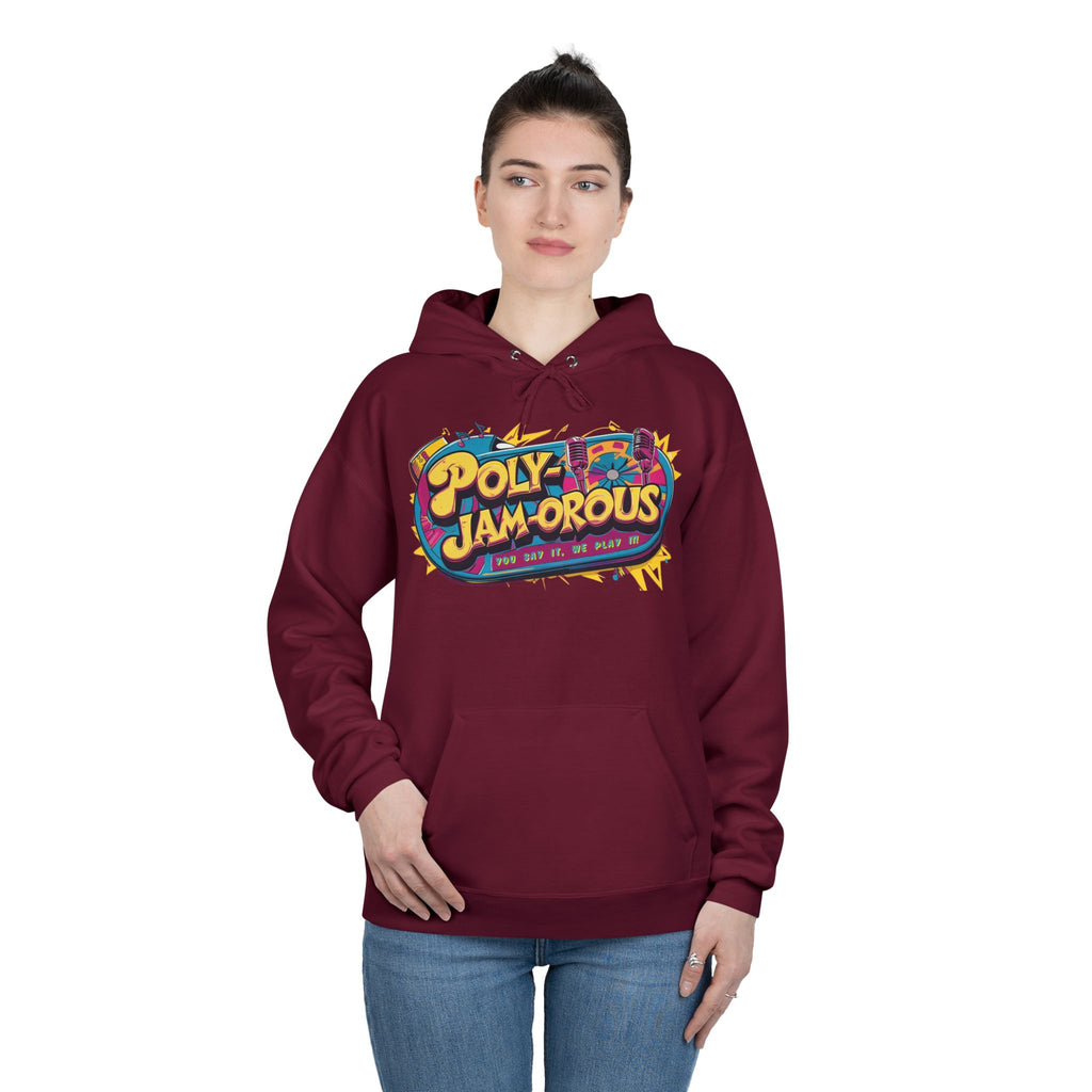 Colorful PolyJAMorous Jukebox Hoodie | Unique Graphic Pullover Sweatshirt for Music Lovers