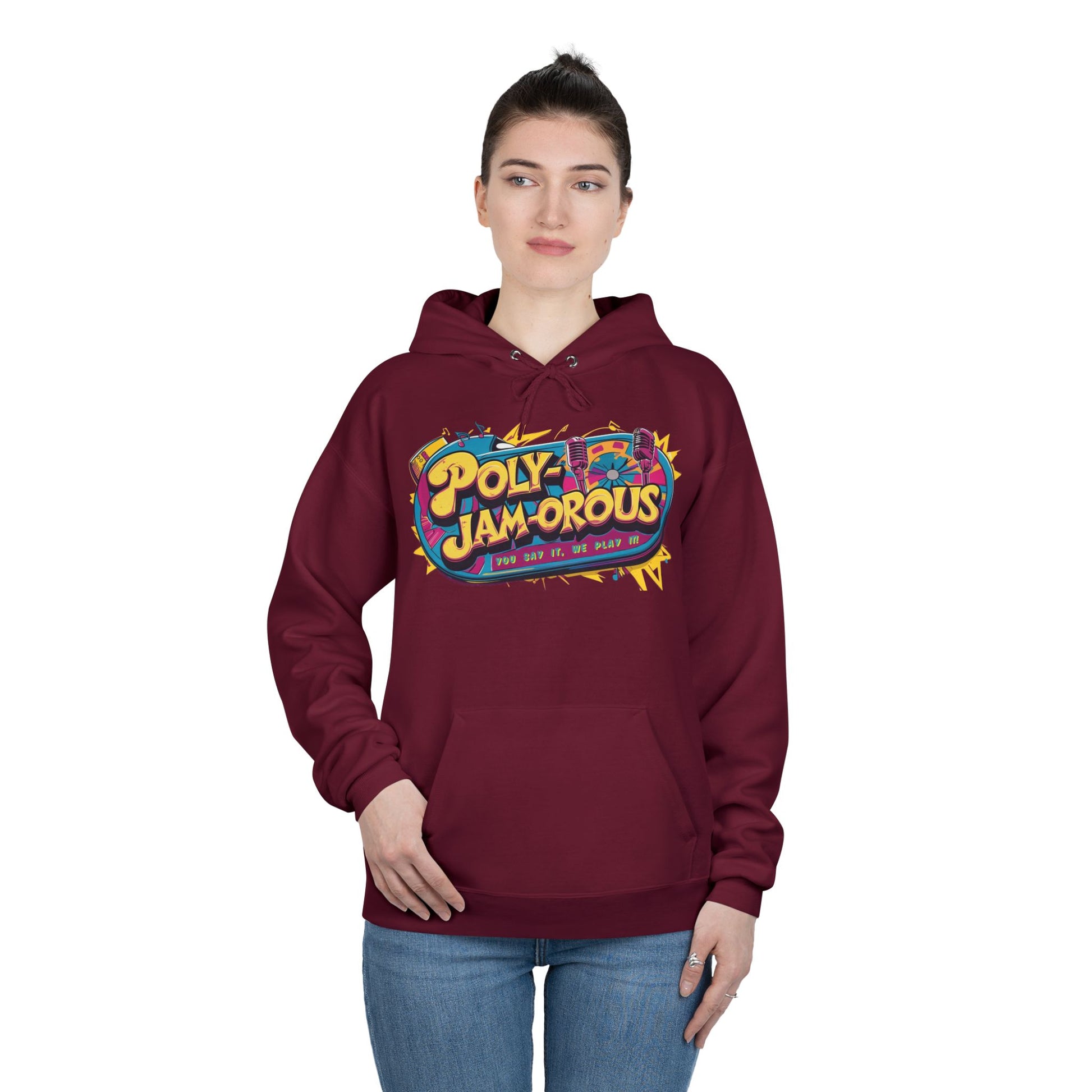 Colorful PolyJAMorous Jukebox Hoodie | Unique Graphic Pullover Sweatshirt for Music Lovers