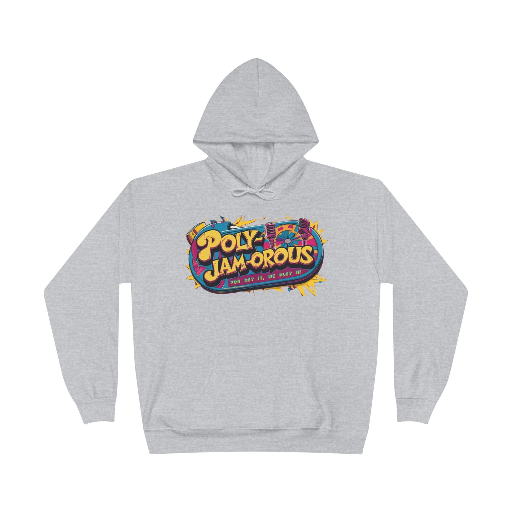 Colorful PolyJAMorous Jukebox Hoodie | Unique Graphic Pullover Sweatshirt for Music Lovers