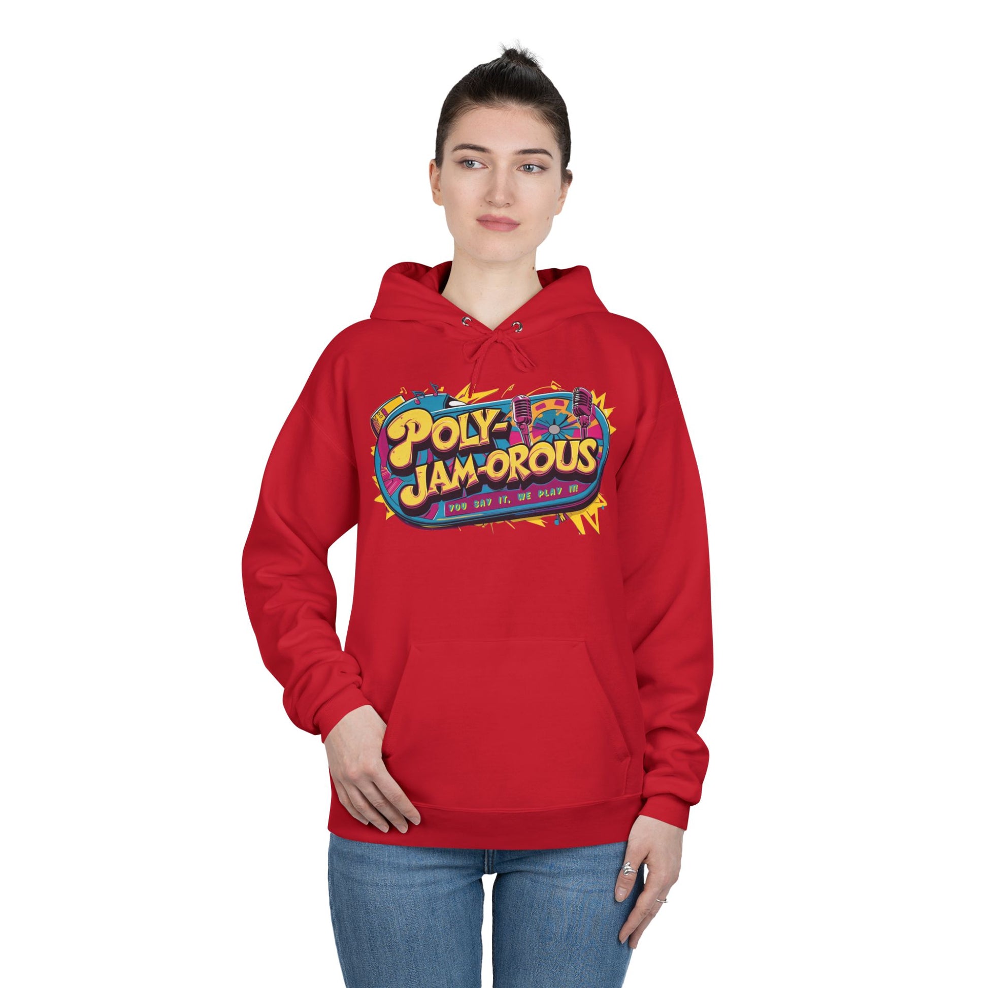 Colorful PolyJAMorous Jukebox Hoodie | Unique Graphic Pullover Sweatshirt for Music Lovers