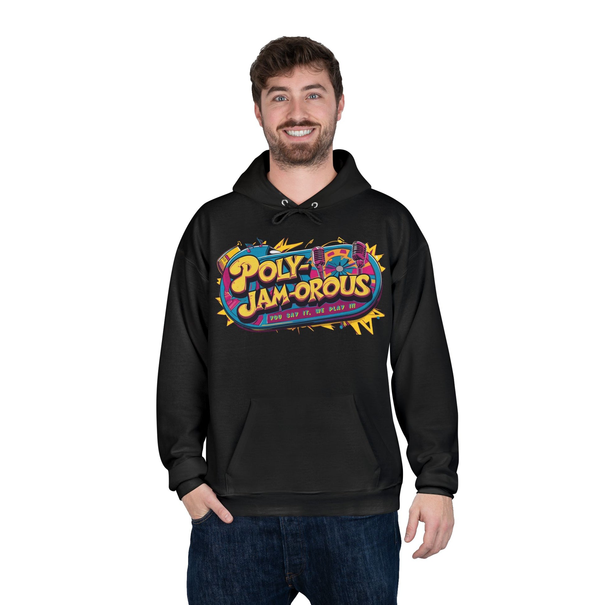 Colorful PolyJAMorous Jukebox Hoodie | Unique Graphic Pullover Sweatshirt for Music Lovers