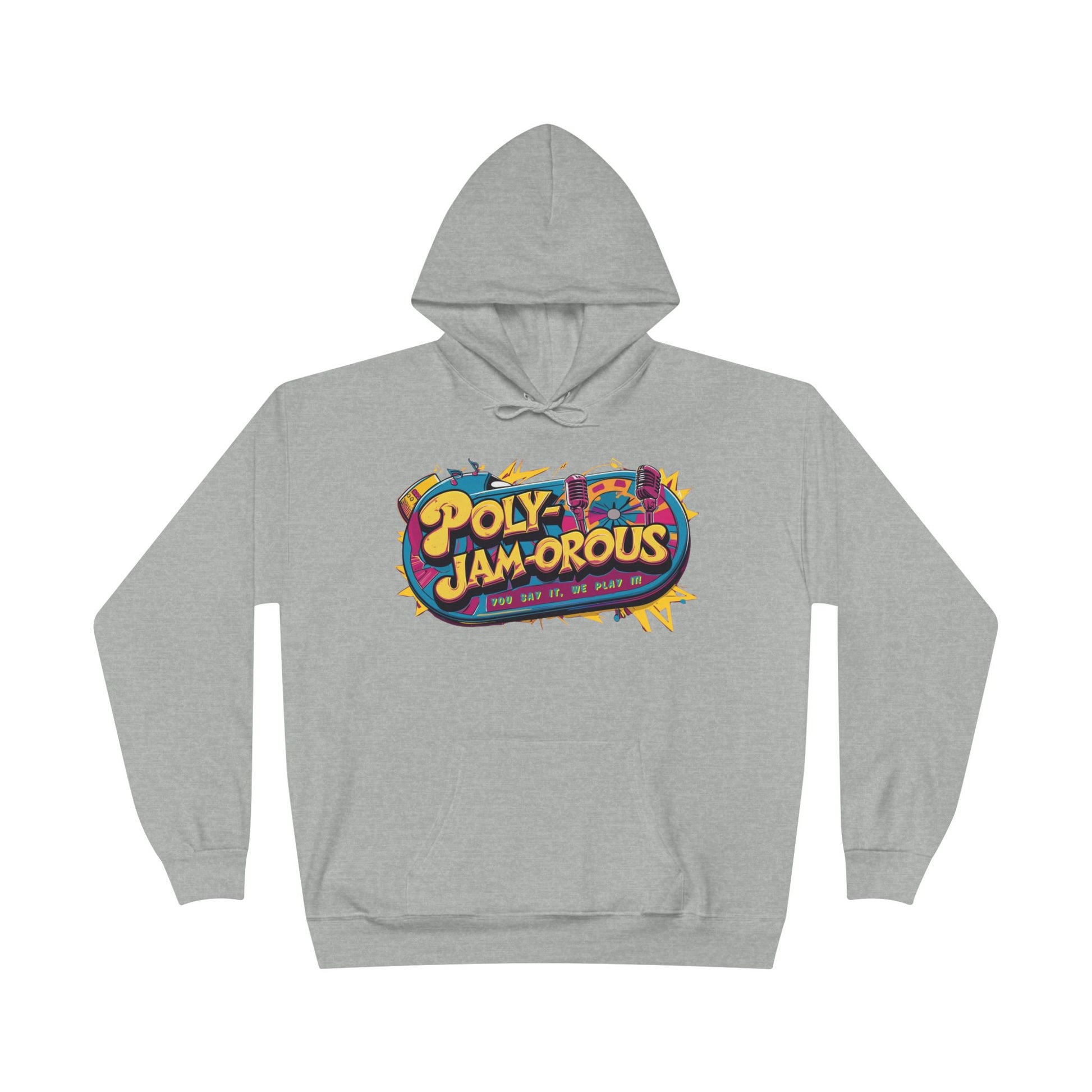 Colorful PolyJAMorous Jukebox Hoodie | Unique Graphic Pullover Sweatshirt for Music Lovers