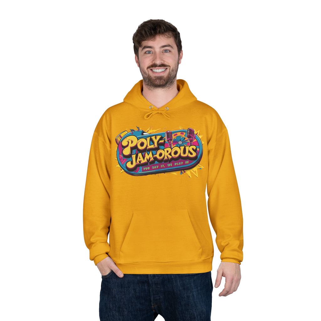 Colorful PolyJAMorous Jukebox Hoodie | Unique Graphic Pullover Sweatshirt for Music Lovers