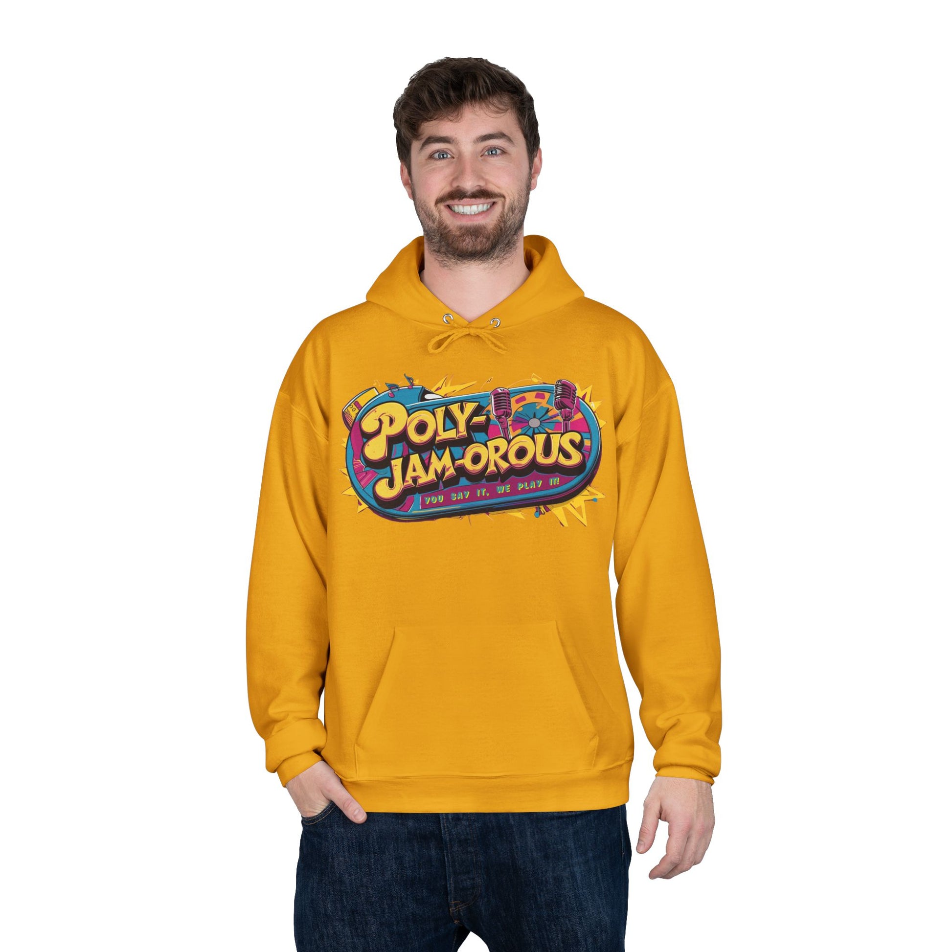 Colorful PolyJAMorous Jukebox Hoodie | Unique Graphic Pullover Sweatshirt for Music Lovers