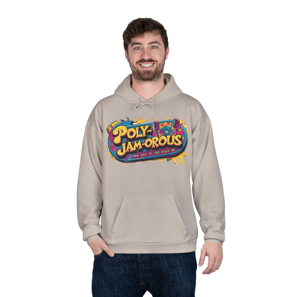 Colorful PolyJAMorous Jukebox Hoodie | Unique Graphic Pullover Sweatshirt for Music Lovers