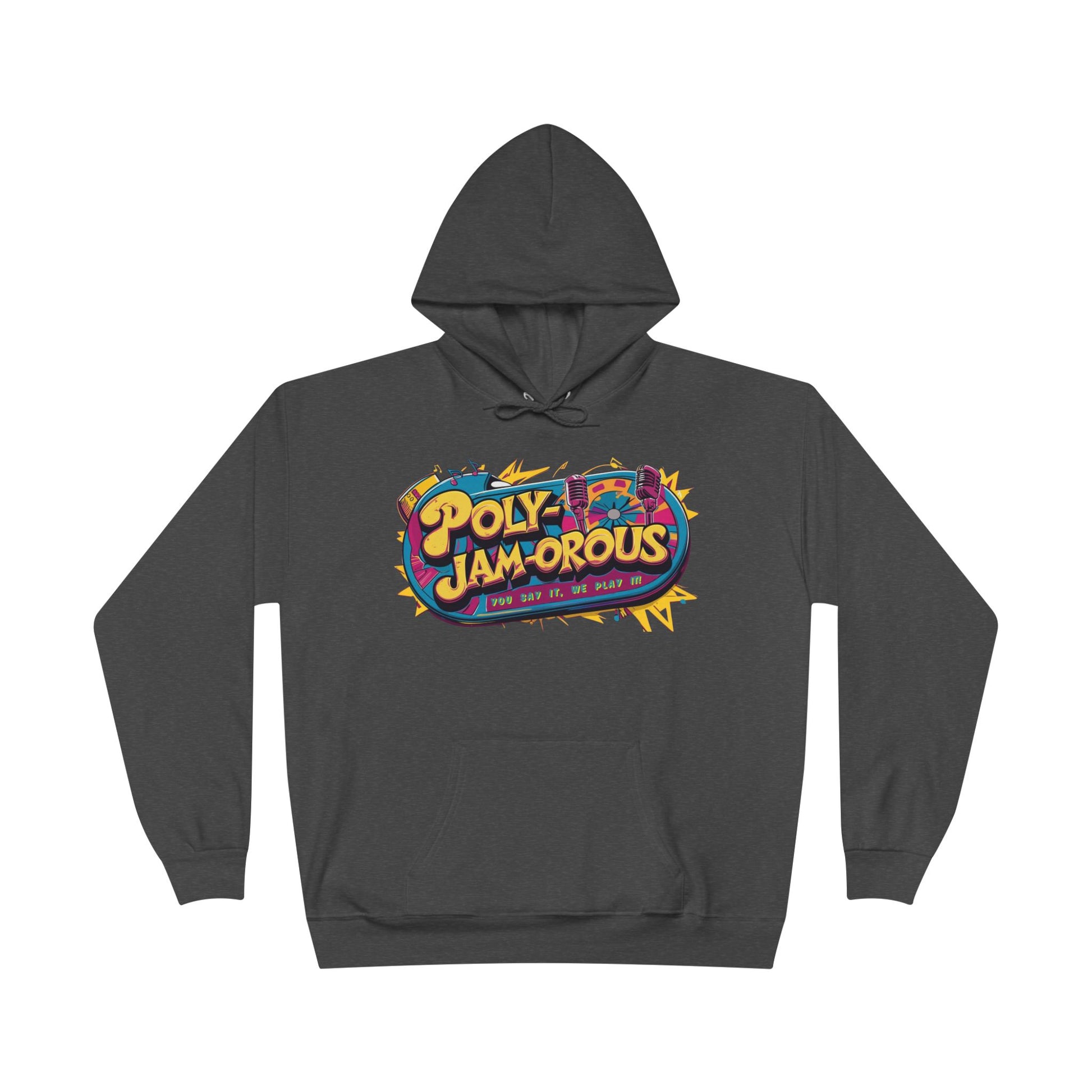 Colorful PolyJAMorous Jukebox Hoodie | Unique Graphic Pullover Sweatshirt for Music Lovers