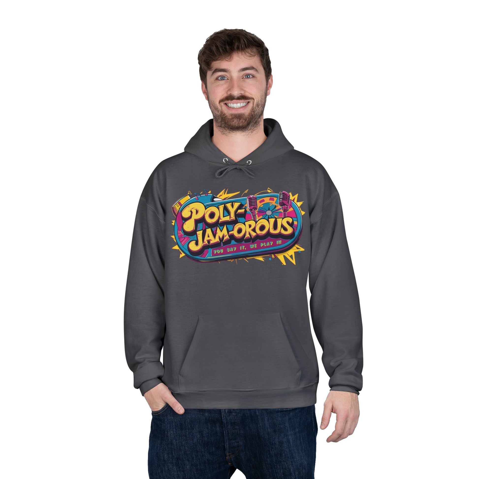 Colorful PolyJAMorous Jukebox Hoodie | Unique Graphic Pullover Sweatshirt for Music Lovers