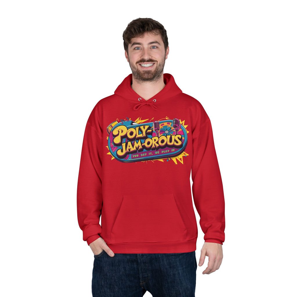 Colorful PolyJAMorous Jukebox Hoodie | Unique Graphic Pullover Sweatshirt for Music Lovers