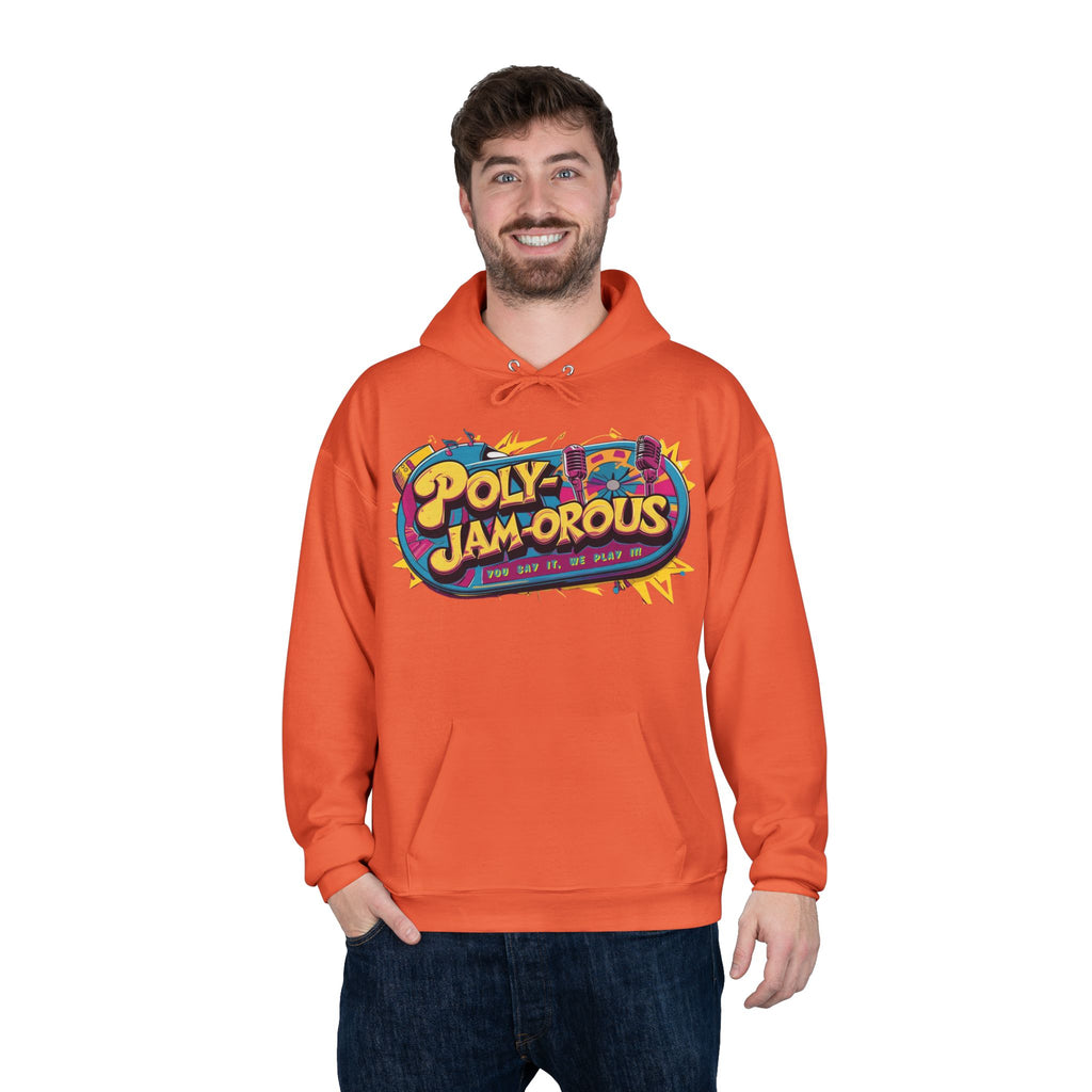 Colorful PolyJAMorous Jukebox Hoodie | Unique Graphic Pullover Sweatshirt for Music Lovers