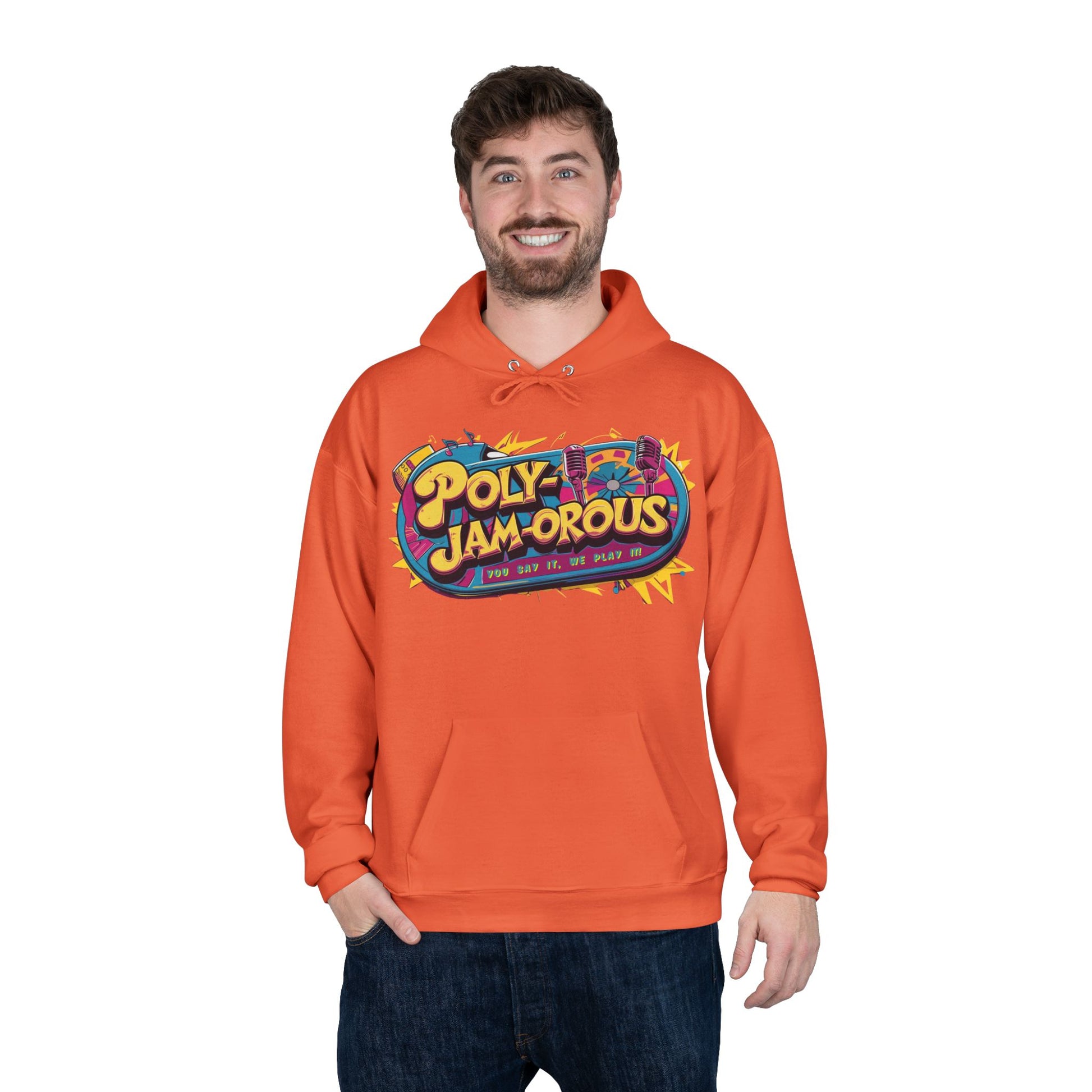 Colorful PolyJAMorous Jukebox Hoodie | Unique Graphic Pullover Sweatshirt for Music Lovers