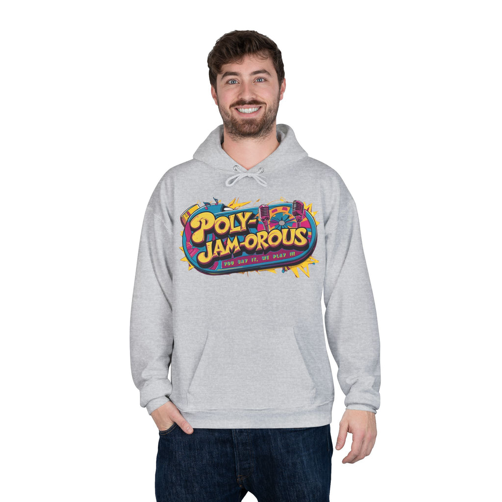 Colorful PolyJAMorous Jukebox Hoodie | Unique Graphic Pullover Sweatshirt for Music Lovers